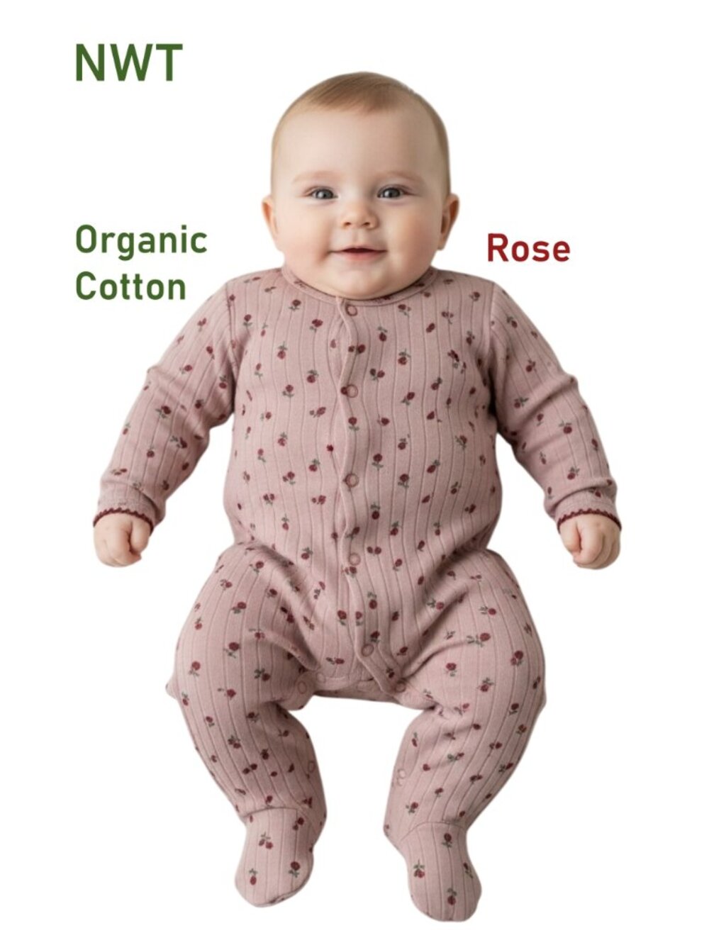 ANTEBIES Organic Cotton Jacquard Rose Footsie Size 0-3M Eco-friendly, Non-toxic